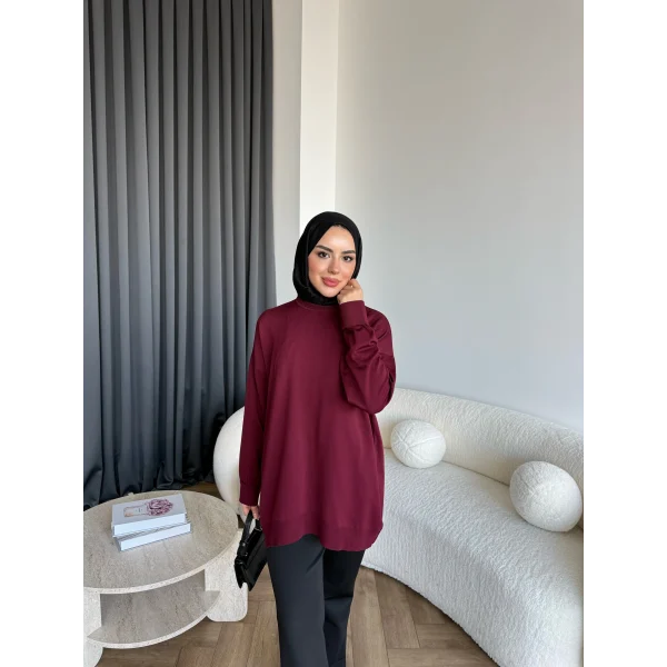 Sümy Kol Katlamalı Triko Kazak - Bordo