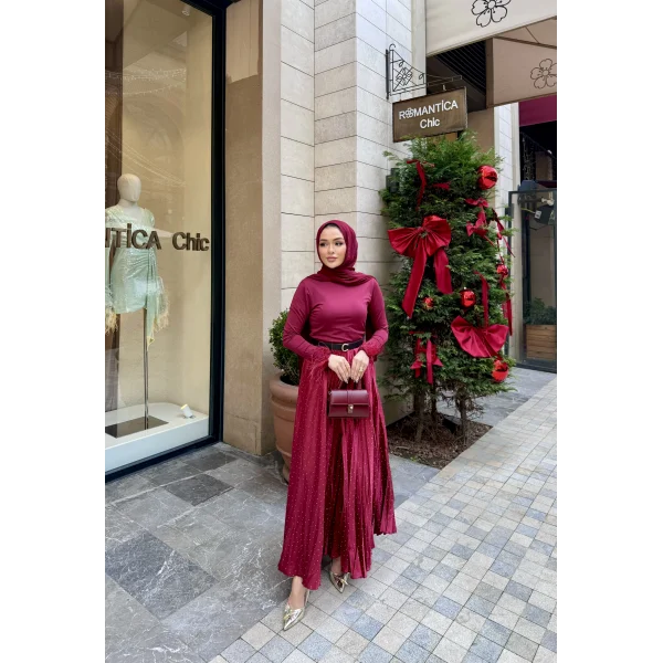 Taşlı Saten Etek - Bordo