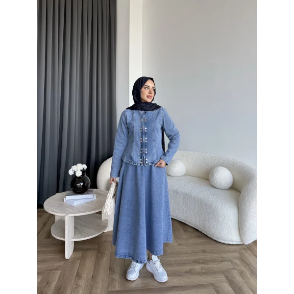 Tb - Çıtçıtlı Etekli Denim Takım - Açık Mavi