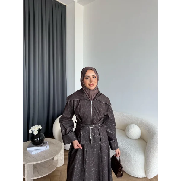 Tb - Işıltı Etekli Kot Takım - Kahve
