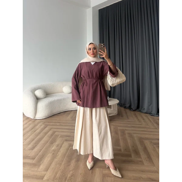 Tb - Keten V Yaka Gömlek - Bordo