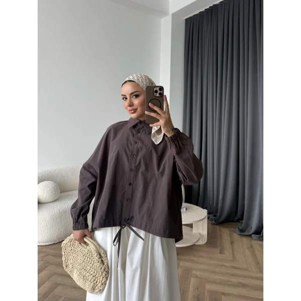 Tb - Oversize Büzgülü Gömlek - Acı Kahve