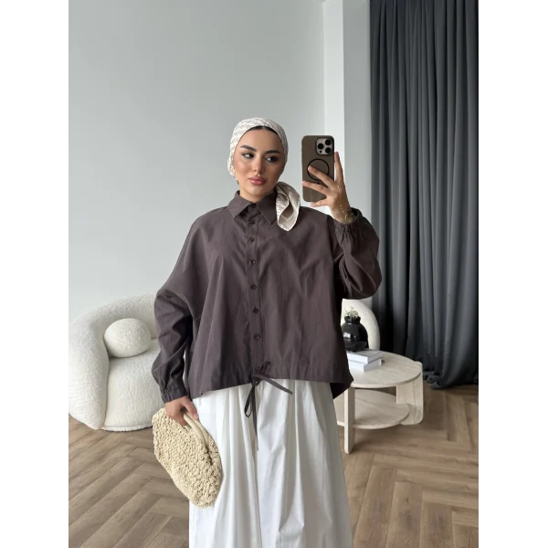 Tb - Oversize Büzgülü Gömlek - Acı Kahve