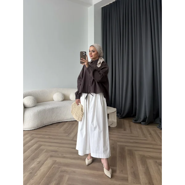 Tb - Oversize Büzgülü Gömlek - Acı Kahve