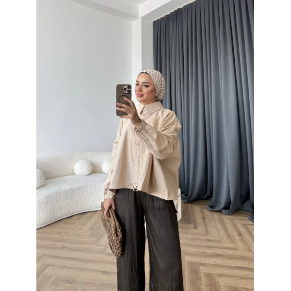 Tb - Oversize Büzgülü Gömlek - Bej