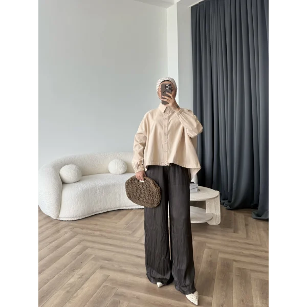 Tb - Oversize Büzgülü Gömlek - Bej