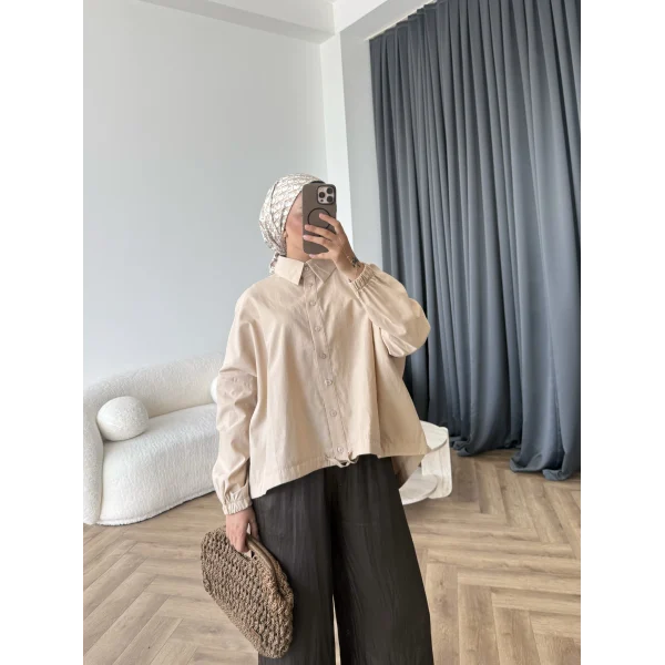 Tb - Oversize Büzgülü Gömlek - Bej