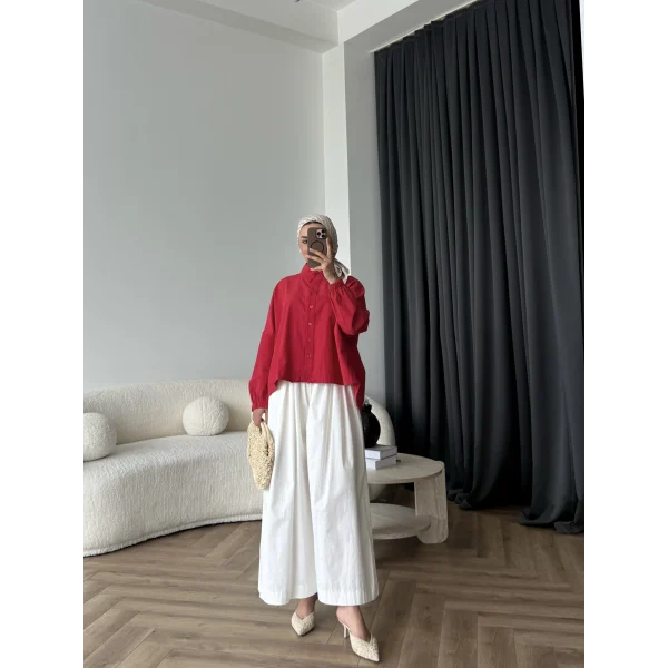 Tb - Oversize Büzgülü Gömlek - Kırmızı