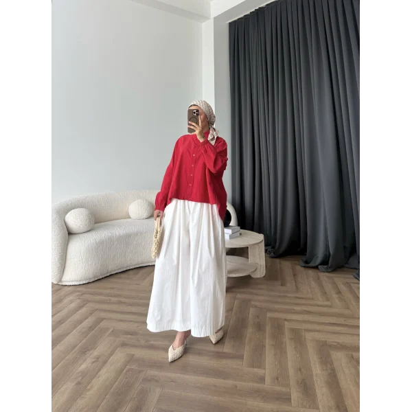 Tb - Oversize Büzgülü Gömlek - Kırmızı