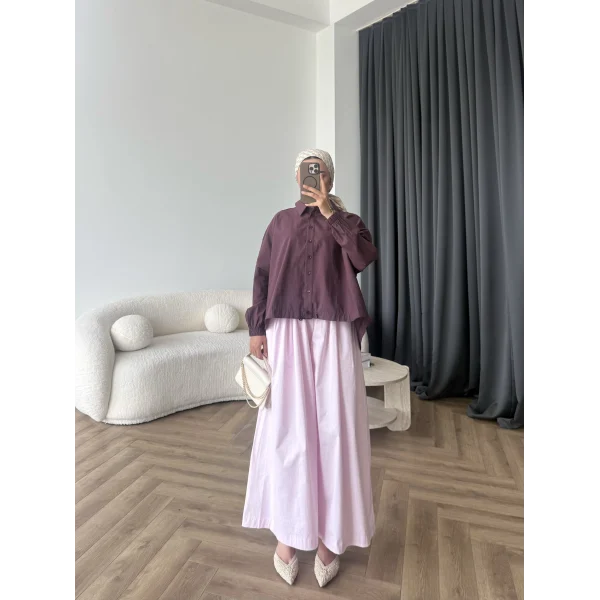 Tb - Oversize Büzgülü Gömlek - Mürdüm