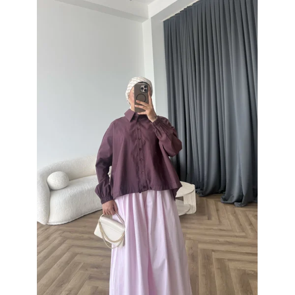 Tb - Oversize Büzgülü Gömlek - Mürdüm