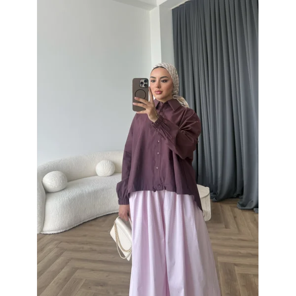 Tb - Oversize Büzgülü Gömlek - Mürdüm