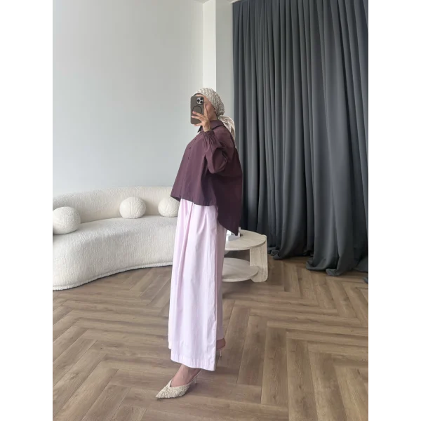 Tb - Oversize Büzgülü Gömlek - Mürdüm