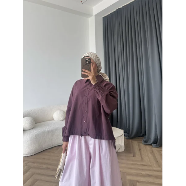 Tb - Oversize Büzgülü Gömlek - Mürdüm