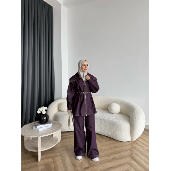 Tb - Selny Fermuarlı Kemerli Kot Takım - Bordo