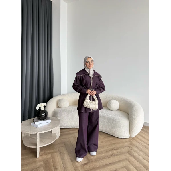 Tb - Selny Fermuarlı Kemerli Kot Takım - Bordo