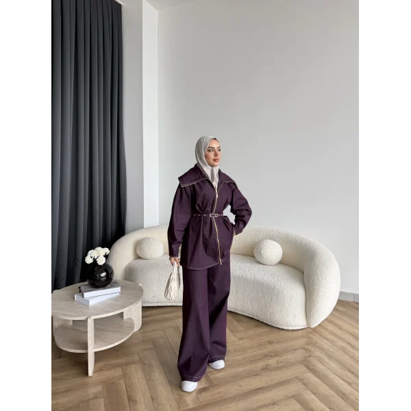 Tb - Selny Fermuarlı Kemerli Kot Takım - Bordo