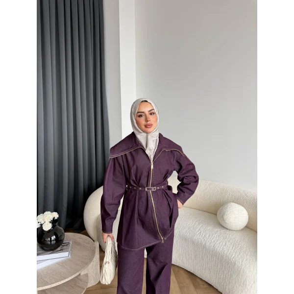 Tb - Selny Fermuarlı Kemerli Kot Takım - Bordo