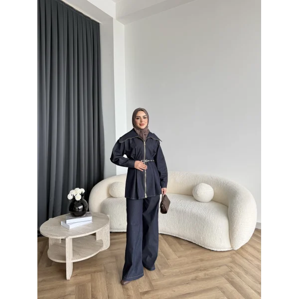 Tb - Selny Fermuarlı Kemerli Kot Takım - Lacivert