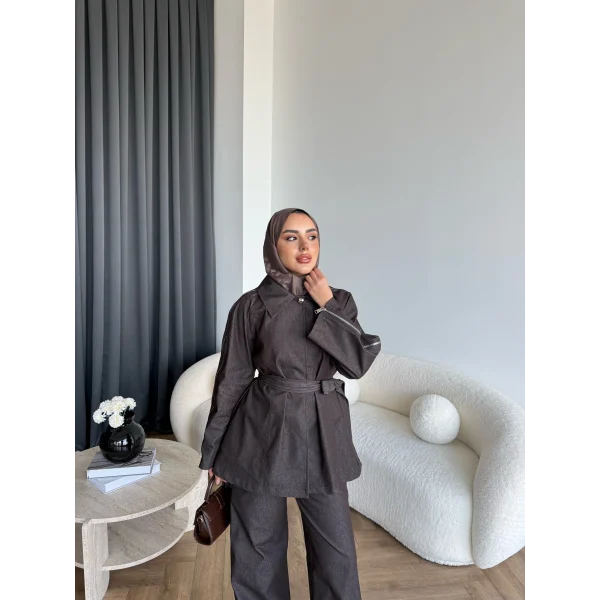 Tb - Yan Fermuar Detay Denim Takım - Kahve