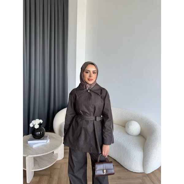Tb - Yan Fermuar Detay Denim Takım - Kahve