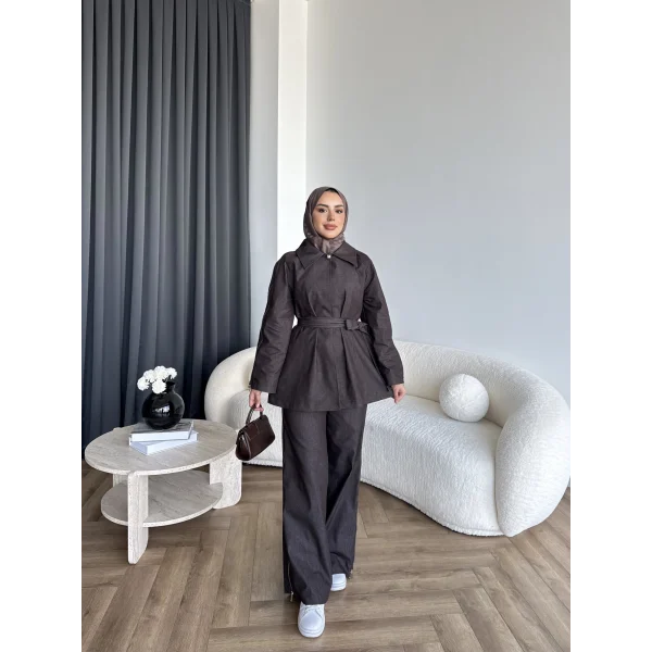 Tb - Yan Fermuar Detay Denim Takım - Kahve
