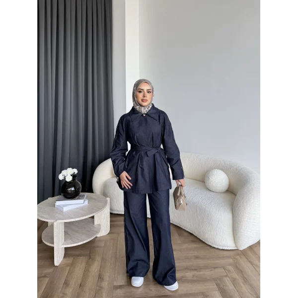 Tb - Yan Fermuar Detay Denim Takım - Lacivert