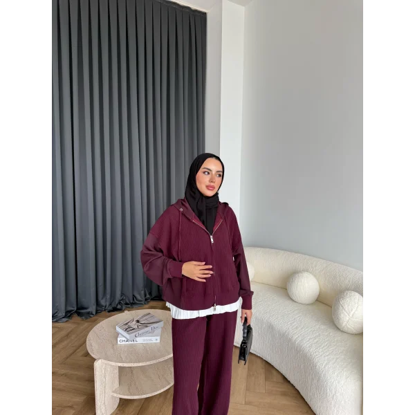 Venusa Kapşonlu Triko Takım - Bordo