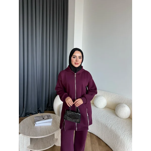 Yan Fermuarlı 3 İplik Takım - Bordo