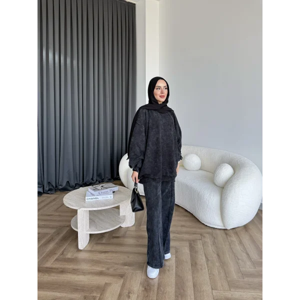 Yıkamalı Eşofman Takım - Siyah