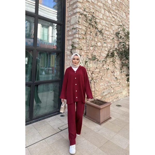 Zeyn Düğmeli Triko Takım - Bordo