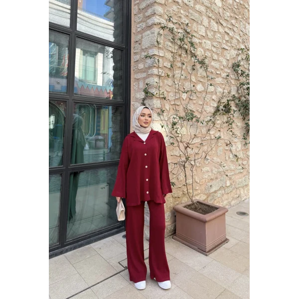 Zeyn Düğmeli Triko Takım - Bordo