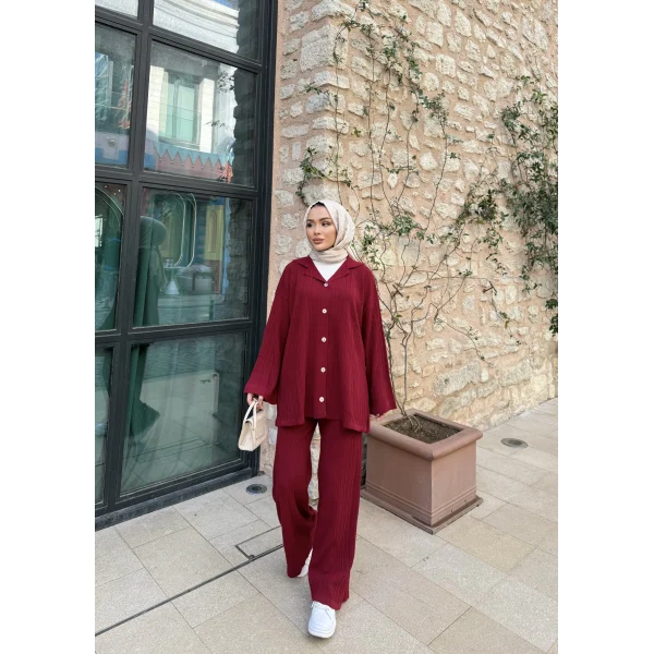 Zeyn Düğmeli Triko Takım - Bordo