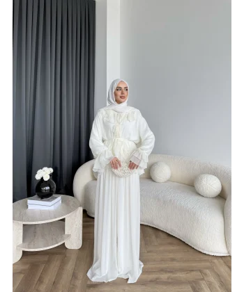 Ah - Elanar Fırfır Detaylı Pantolonlu Takım - Ekru
