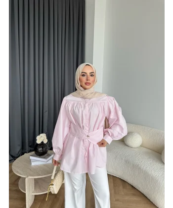 Hen - Mihra Bel Detaylı Gömlek - Pembe