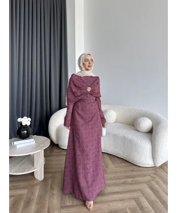 Fuş - Orchid Şal Detaylı Broşlu Elbise - Bordo