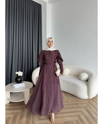 Fuş - Chic Nakış Detay Parlak Tensel Elbise - Mürdüm
