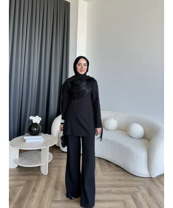 Fuş - Luxe Omuzu Püskül İpli Takım - Siyah