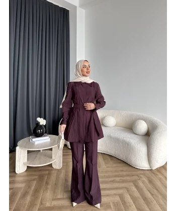 Fuş - Lisor Kol Taş Detay Takım - Bordo