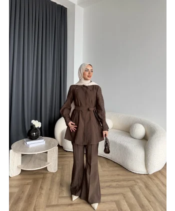Fuş - Lisor Kol Taş Detay Takım - Kahve