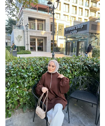Fermuarlı Sweat Model Triko Kazak - Acı Kahve