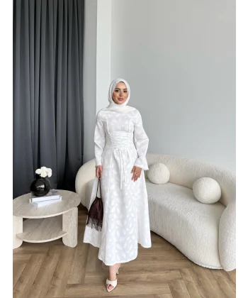Fuş - Birit Bağlamalı Dantel Elbise - Beyaz