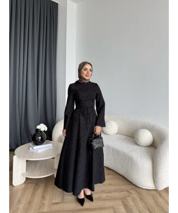 Fuş - Birit Bağlamalı Dantel Elbise - Siyah