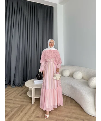 Fuş - Liya Çizgili Yaka Detay Elbise - Açık Pembe