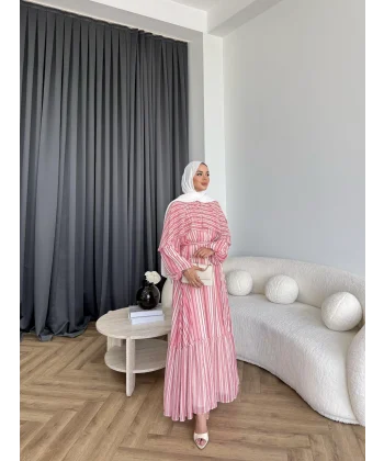 Fuş - Liya Çizgili Yaka Detay Elbise - Koyu Pembe