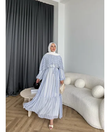 Fuş - Liya Çizgili Yaka Detay Elbise - Mavi