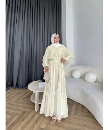 Fuş - Liya Çizgili Yaka Detay Elbise - Sarı