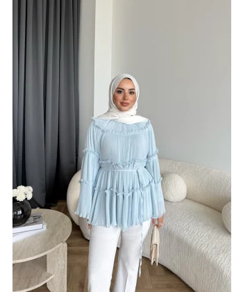 Hen - Piliseli Şifon Bluz - Bebe Mavi
