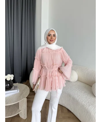 Hen - Piliseli Şifon Bluz - Pembe