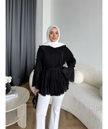 Hen - Piliseli Şifon Bluz - Siyah